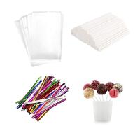 300 Pcs Cake Pop Sticks, 100 Pack Paper Lollipop Sticks, 4 Inch, 100 Pack Parcel Bags, 100 Pack Twist Ties, Cakepop, Lollipop, Hard Candy, Candy Apples, Rainbow Candy, Chocolate