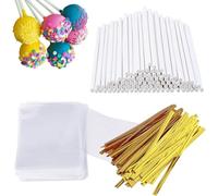 300 PCS Cake Pop Sticks and Wrappers Kit, Including 100ct 15cm Paper Lollipop Sticks, 100ct Clear Candy Treat Bags Parcel, 100ct Gold Twist Ties for Cakepop, Lollipop, Hard Candy, Suckers, Chocolate