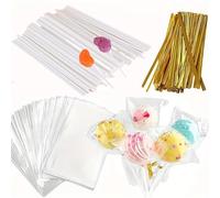 300 Pcs Cake Pop Sticks and Wrappers Kit, Including 100Pcs 6 inch Paper Lollipop Sticks, 100Pcs Clear Candy Treat Bags Parcel, 100Pcs Gold Twist Ties for Cakepop, Lollipop, Hard Candy, Suckers