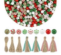 300 Pcs Christmas Wooden Beads Xmas DIY Craft Wood Beads Candy Cane Swirl Beads Red Green White 16mm Round Beads for Christmas Garland Jewelry Making Party Home Tree Decoration with Rope and Tassels