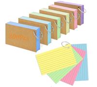 300 PCS Flash Cards Revision Cards 5 * 3 Inch Kraft Paper Notecards with 6 Metal Binder Ring Double Sided Flshcards for Office Home School Learning Record Multicolor