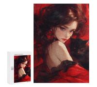 300 PCS Jigsaw Elegant Red Dress with Black Cat Jigsaw Puzzles for Adults Family Activities Help The Brain Exercise Deal As Gifts for The Whole Family 300 PCS