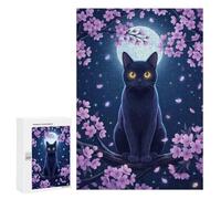 300 PCS Jigsaw Puzzle for Adults, Black Cat Under Moonlight Sakura Bloom Artwork, A Rewarding Pastime for Dedicated Jigsaw Fans, for Quiet Evenings