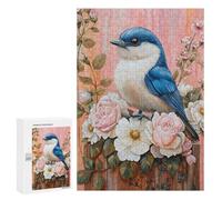 300 PCS Jigsaw Puzzle for Teenagers Blue Bird with Pink Roses Jigsaw Puzzles for Adults Analysis And Logic Every Piece Is Unique - Brainteaser Family Games 300 PCS