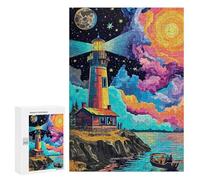 300 PCS Jigsaw Puzzles Colorful Lighthouse Sunset Scene Jigsaws for Adults Puzzle For Family Fun Difficult And Challenge Educational Family Game 300 PCS