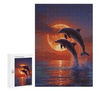 300 PCS Jigsaw Puzzles Dolphins Jumping Against Full Moon Adult Jigsaw Puzzles Enhance Memory Educational Challenge Toys Educational Games 300 PCS