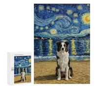 300 PCS Jigsaw Puzzles for Adults Border Collie Dog on Beach with Starry Night Jigsaw for Adults Brain Teaser Game Birthday Present Difficult And Challenge 300 PCS