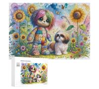 300 PCS Jigsaw Puzzles for Adults Colorful Patchwork Doll with Shih Tzu in Sunflower Field Jigsaw for Adults Family Games Presents for Women Parent-child Interaction 300 PCS
