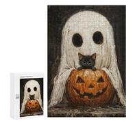 300 PCS Jigsaw Puzzles for Adults Spooky Cute Ghost And Black Cat with Pumpkin Jigsaw for Adults Relax Games Hand Speed Race for Is Ideal As A Gift 300 PCS