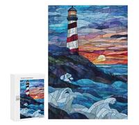 300 PCS Jigsaw Puzzles for Adults Stained Glass Lighthouse Sunset Jigsaw for Adults Brain Teaser Game Birthday Present Difficult And Challenge 300 PCS