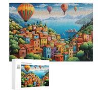 300 PCS Jigsaw Puzzles for Adults Teenagerss Colorful Village by The Lake with Hot Air Balloons Puzzles for Adults Hands-on Game Precision Cutting Parent-child Interaction 300 PCS