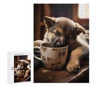 300 PCS Jigsaw Puzzles for Teenagerss German Shepherd Coffee Pup Jigsaws for Adults Hands-on Game Presents for Women Help The Brain Exercise 300 PCS