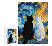`300 PCS Jigsaw Puzzles for Teenagerss Jigsaw Starry Night Black Cat And White Cat Romantic Jigsaw for Adults Family Games Birthday Present Deal As Gifts for The Whole Family 300 PCS