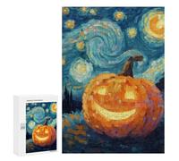 300 PCS Jigsaw Puzzles Pumpkin with Starry Night Background-2 Jigsaws for Adults Puzzle For Family Fun Difficult And Challenge Educational Family Game 300 PCS