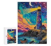 300 PCS Jigsaw Puzzles Whimsical Lighthouse Night Scene Puzzles for Teenagers Enhance Memory Difficult And Challenge Brainteaser Family Games 300 PCS