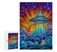 300 PCS Jigsaw Stained Glass UFO Sunset Jigsaws for Adults Puzzle But Fun And Humorous Challenging To Complete Unique Birthday And Xmas Gifts 300 PCS