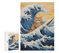 300 PCS Jigsaws Adults Puzzles Cat Surfing Japanese Wave Jigsaw for Adults Relax Games Birthday Present Birthday And Unique Gifts 300 PCS