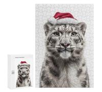 300 PCS Jigsaws Adults Puzzles Christmas Snow Leopard with Santa Hat Jigsaw for Adults Hands-on Game Precision Cutting Parent-child Interaction 300 PCS
