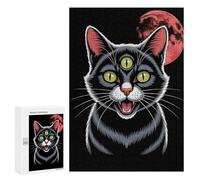 300 PCS Jigsaws Adults Puzzles Gifts Three-Eyed Cat with Red Moon Jigsaw for Adults Relax Games Home Decoration Birthday Present, Gifts, 300 PCS