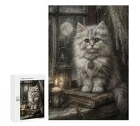 300 PCS Jigsaws Adults Puzzles Mystical White Cat with Full Moon Jigsaw Puzzle Family Game Analysis And Logic Parent-child Interaction 300 PCS