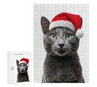 300 PCS Jigsaws Adults Puzzles Russian Blue Cat with Santa Hat Jigsaw for Adults Hands-on Game Precision Cutting Parent-child Interaction 300 PCS