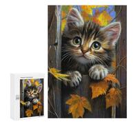 300 PCS Jigsaws Autumn Kitten Fence Painting-1 Jigsaws for Adults Puzzle Hand Speed Race Help The Brain Exercise Beautiful Design Game 300 PCS