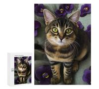 300 PCS Jigsaws for Adults Adorable Tabby Cat with Purple Flowers Adult Jigsaw Puzzles Stress Reliever Difficult And Challenge Family Fun & Game Night 300 PCS