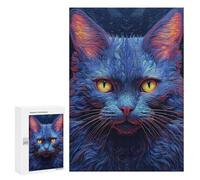 300 PCS Jigsaws for Adults Puzzle Blue Neon Cat Closeup Puzzles for Teenagerss Birthday Present Help The Brain Exercise Challenging Game Gifts 300 PCS