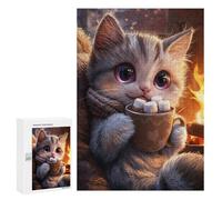300 PCS Jigsaws for Adults Puzzle Cute Cat with Hot Chocolate Jigsaw for Adults Fun Games Presents for Women Challenging To Complete 300 PCS