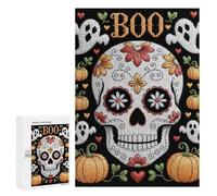 300 PCS Jigsaws for Adults Puzzle Halloween Embroidery Skull with Pumpkins And Ghosts Jigsaw for Adults Fun Games Presents for Women Challenging To Complete 300 PCS