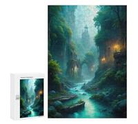 300 PCS Jigsaws for Adults Puzzle Mystical River Landscape with Ancient Architecture Jigsaws for Adults Fun Games Stress Reliever Challenging To Complete 300 PCS