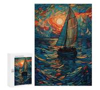 300 PCS Jigsaws for Adults Puzzle Sailboat at Sunset, Stained Glass Style Jigsaws for Adults Fun Games Stress Reliever Challenging To Complete 300 PCS