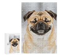 300 PCS Jigsaws for Adults Puzzle Smiling Pug in Winter Snowfall Jigsaw for Adults Fun Games Presents for Women Challenging To Complete 300 PCS