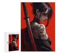 300 PCS Jigsaws for Adults Puzzle Tattooed Woman with Katana on Red Puzzles for Adults Toy Wall Decor Enhance Memory Gifts for Friends And Family 300 PCS