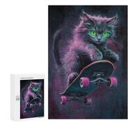 300 PCS Jigsaws for Teenagers Puzzle Neon Skateboarding Cat Art Print -3 Puzzles for Teenagers Difficult Challenge Every Piece Is Unique - Learning Educational Toys 300 PCS