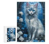 300 PCS Jigsaws for Teenagerss Puzzle Enchanted White Cat with Blue Roses Puzzle for Adults Hands-on Game Difficult Hard Parent-child Interaction 300 PCS