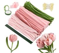 300 Pcs Pipe Cleaners Craft Kit - DIY Flower Bouquet Making Set with Pink, Green Chenille Stems, Florist Wire & Ribbon for Handmade Arts & Crafts