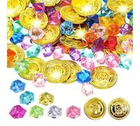 300 pcs Pirate Treasure, Pirate Treasure Coinss and Gems, Plastic Gems Jewels Fake Pirates Gold Coinss Pirates Party Decorations for Birthday Christmas Halloween Themed Party Favors (COLOR:300pcs)