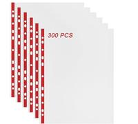 300 Pcs Punched Pockets A4 Clear 60 Micron Strong Plastic Wallet Sleeves, Top Opening Poly Pockets for Ring Binder Folders, Red Edge