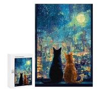 300 PCS Puzzle For Adults City Night Sky Cats Jigsaw Puzzles for Teenagers Staycation Kill Time Challenging To Complete Educational Family Game 300 PCS