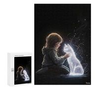 300 PCS Puzzle For Adults Ethereal Bond - Glowing Cat And Child Art - Mystical Connection Portrait Jigsaws for Adults Relax Games Pattern Assembly Deal As Gifts for The Whole Family 300 PCS