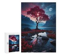 300 PCS Puzzle For Adults Red Tree by Lake at Night Jigsaws for Adults Relax Games Pattern Assembly Deal As Gifts for The Whole Family 300 PCS