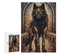 300 PCS Puzzle For Adults Stained Glass Wolf on Stone Bridge Jigsaws for Adults Puzzle Improve Memory Wishlist with Santa Claus Stress Reduction Gifts 300 PCS