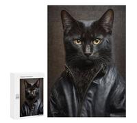 300 PCS Puzzle For Adults Stylish Black Cat in Leather Jacket Adult Jigsaw Puzzle Anti-Stress Toys Enhance Memory Help The Brain Exercise 300 PCS
