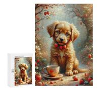 300 PCS Puzzles for Adults Affectionate Sweet Aesthetic Charming Cartoon, A Cute Puppy Sits Next to A Strawberry Bush Puzzle For Teenagerss Hand Speed Race Train Your Brain And Hands Addictive Toys to