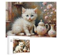 300 PCS Puzzles for Adults Cute Kitten Teapot Floral Decor Jigsaws for Adults Relaxing Games Presents for Women Unique Gifts for Birthday And Christmas 300 PCS