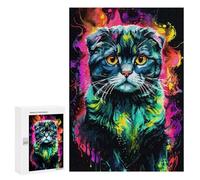 `300 PCS Puzzles for Teenagerss Scottish Fold Cat Portrait Neon Puzzles for Adults Family Games Difficult Challenge Help The Brain Exercise 300 PCS