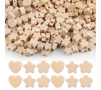 300 Pcs Small Mixed Shape Unfinished Natural Wood Beads, Star Flower Heart Loose Spacer Beads with Hole for DIY Jewelry Making, Crafts, and Woodcraft Projects(0.5"x0.5"x0.2")