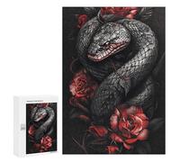 300 PCS Teenagers Puzzles Black Snake with Red Roses Tattoo Design Jigsaws for Adults Puzzle Difficult Hard Challenging To Complete Challenging Game Toys 300 PCS