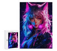 300 PCS Teenagers Puzzles Cat Girls Neon Pink Adult Jigsaw Puzzle Hands-on Game Difficult Challenge for Is Ideal As A Gift 300 PCS